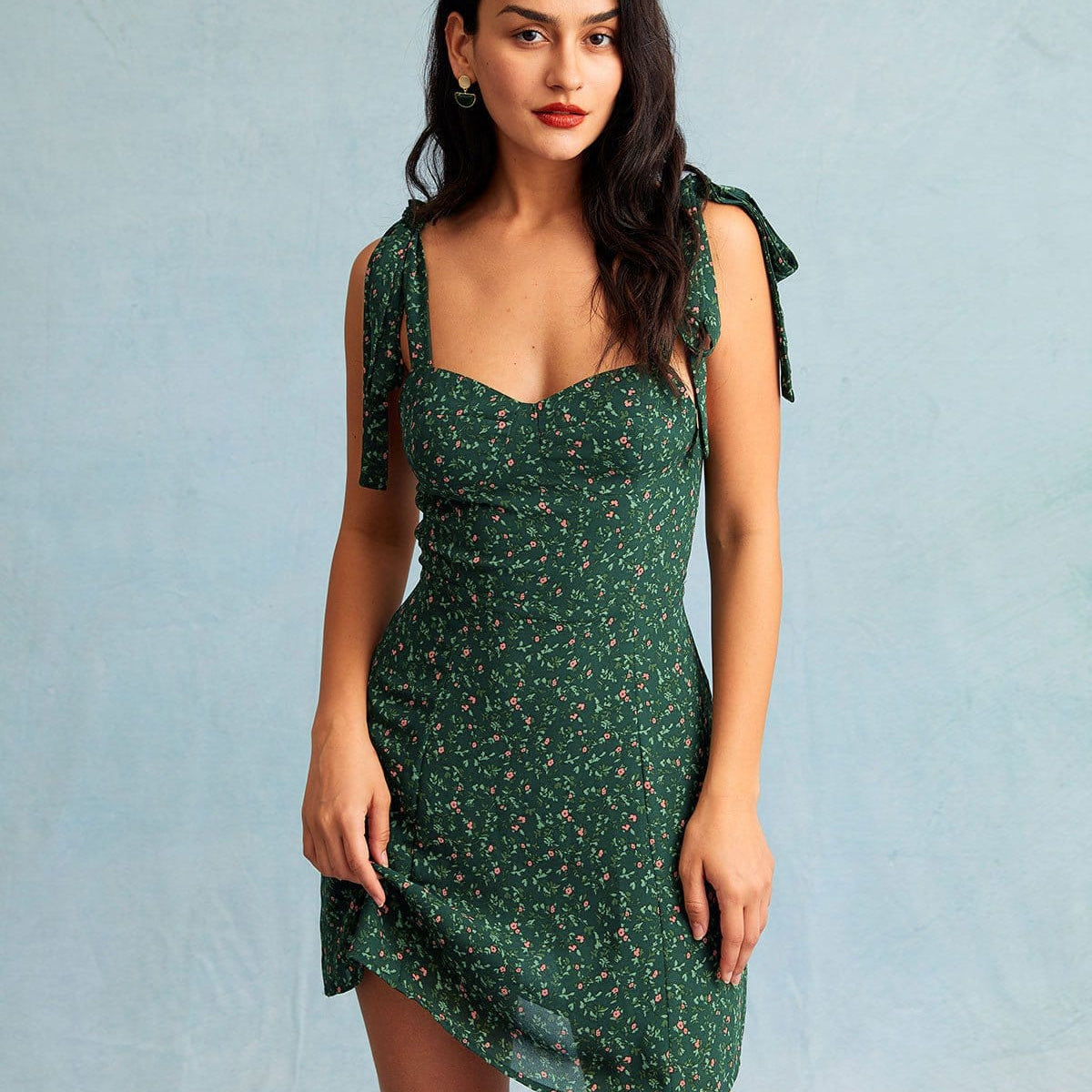 Shewess Yeşil Kalp Yaka Çiçek Slip Mini Elbise