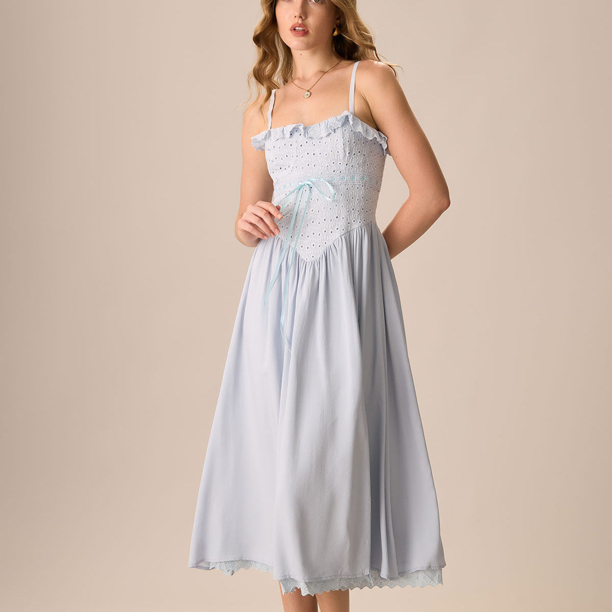 Shewess™ Kadın Mavi Nakışlı Pamuklu Slip Midi Elbise