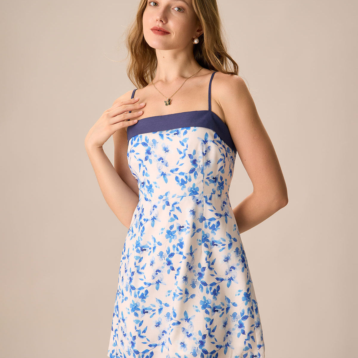 Shewess™ Kadın Mavi Çiçekli Slip Mini Elbise