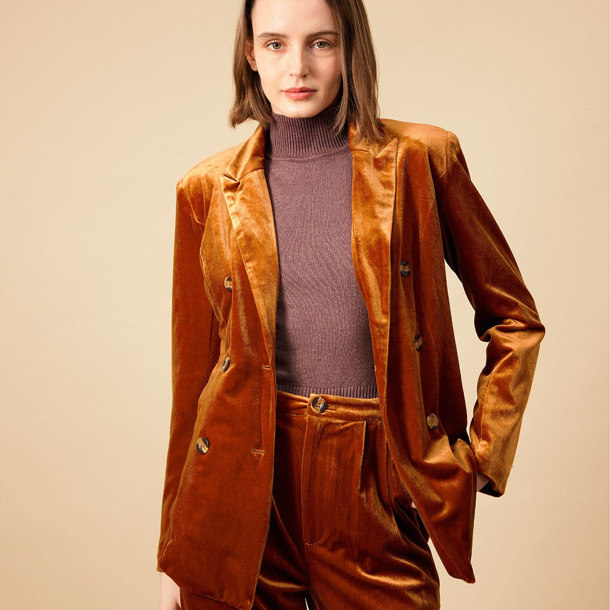 Shewess™ Yakalı Kruvaze Kadife Blazer