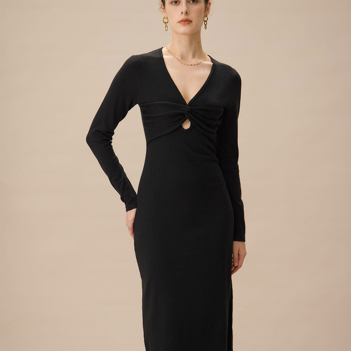 Shewess™ Siyah V Yaka Bodycon Triko Elbise