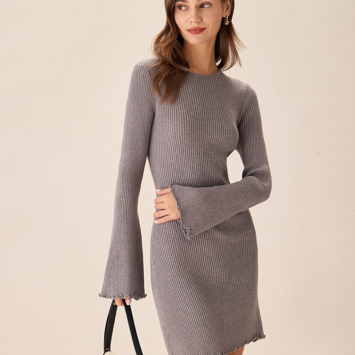 Shewess™ Gri Kayık Yaka Triko Mini Elbise