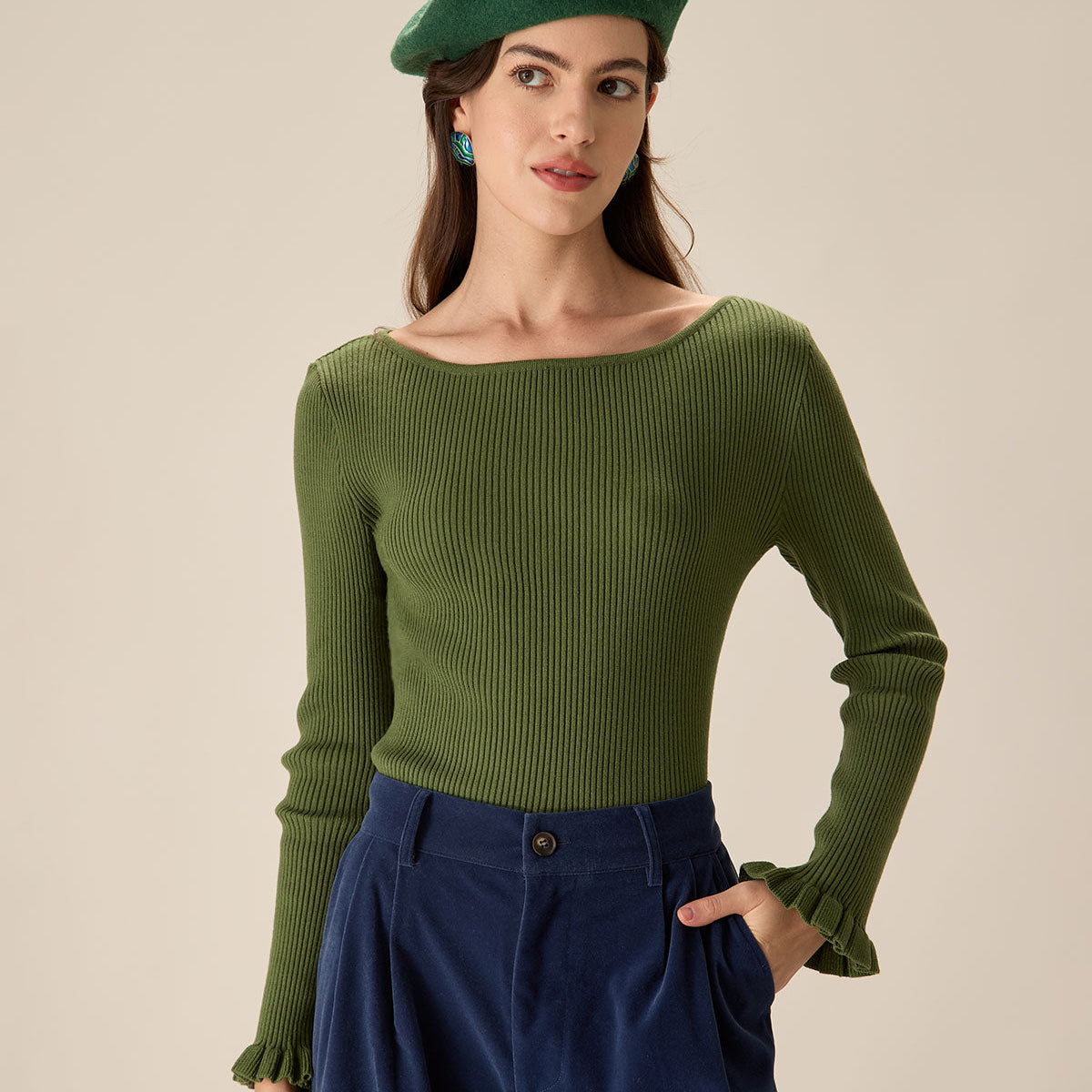 Shewess™ Yeşil Kayık Yaka Fırfırlı Slim Tişört