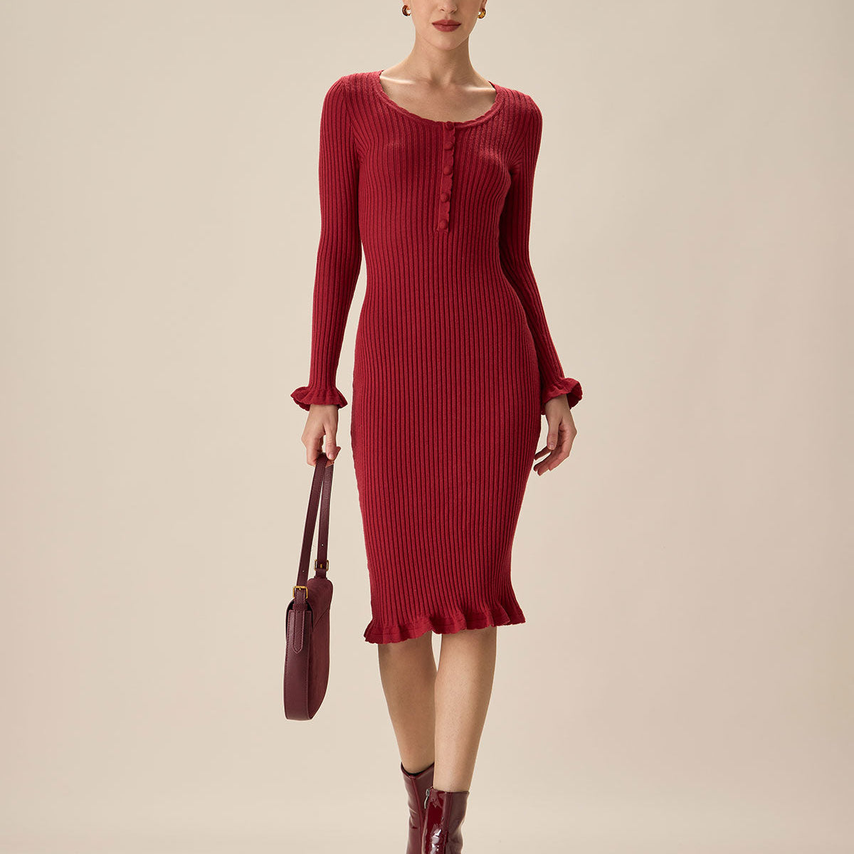 Shewess™ Kırmızı Bodycon Çan Kol Kazak Elbise