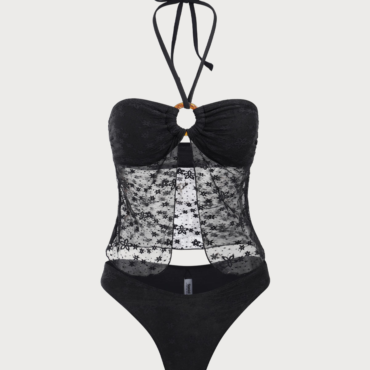 Shewess™ Siyah Dantelli Boyundan Bağlamalı Tankini Mayo