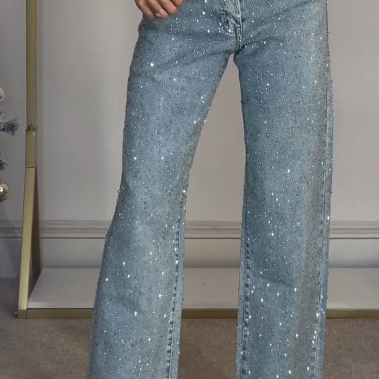 Yüksek Bel Diamanté Düz Paça Jean