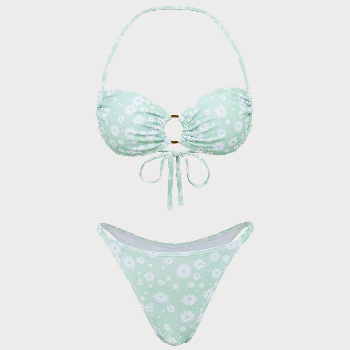 Shewess™ Yeşil Çiçekli O-Ringli Halter Bikini Seti