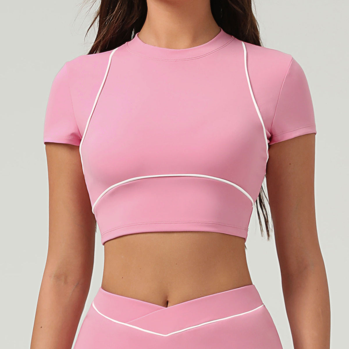 Shewess™ Pembe Yuvarlak Yaka Kısa Kollu Yoga Üstü - Hafif Destek
