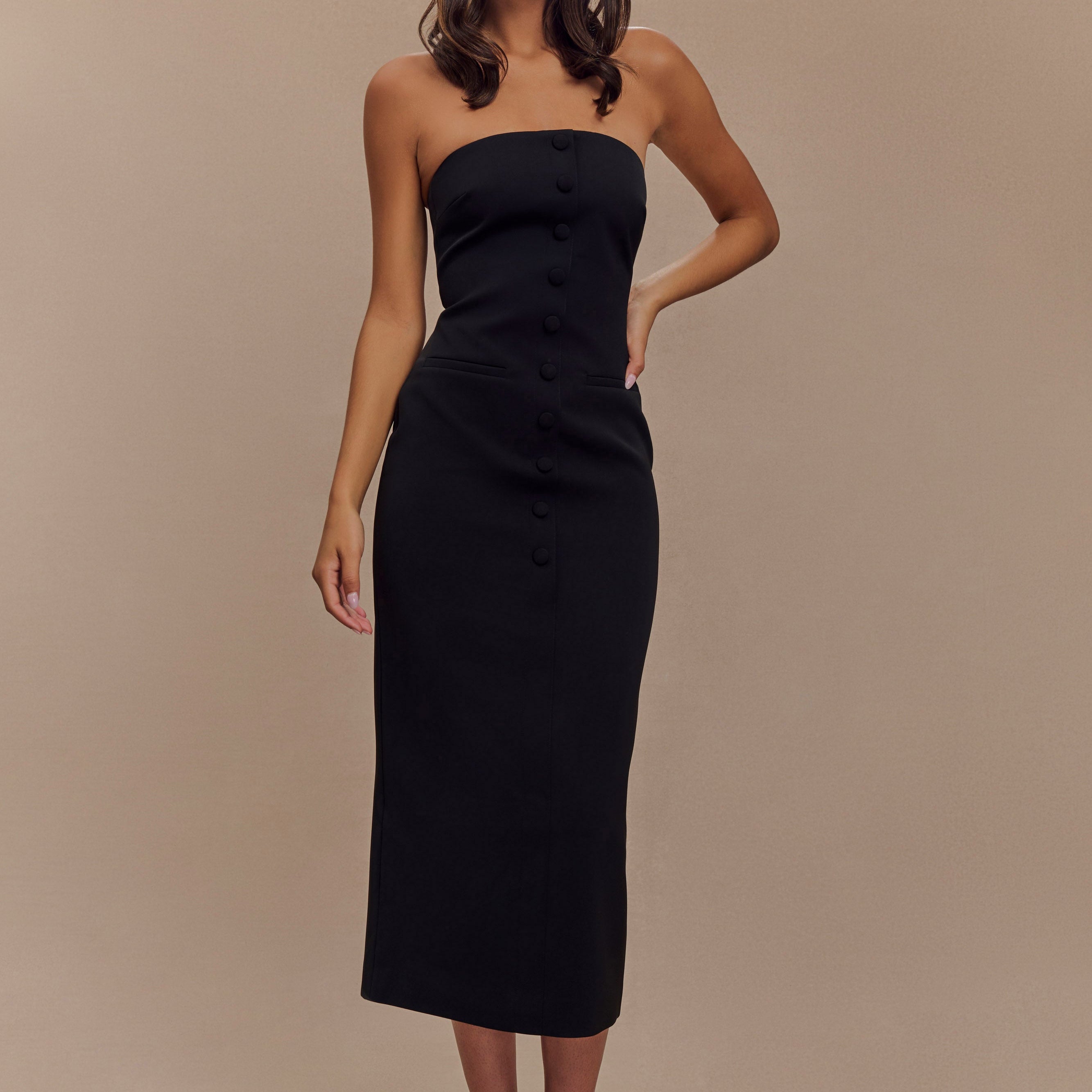 Susan Straplez Midi Elbise - Siyah