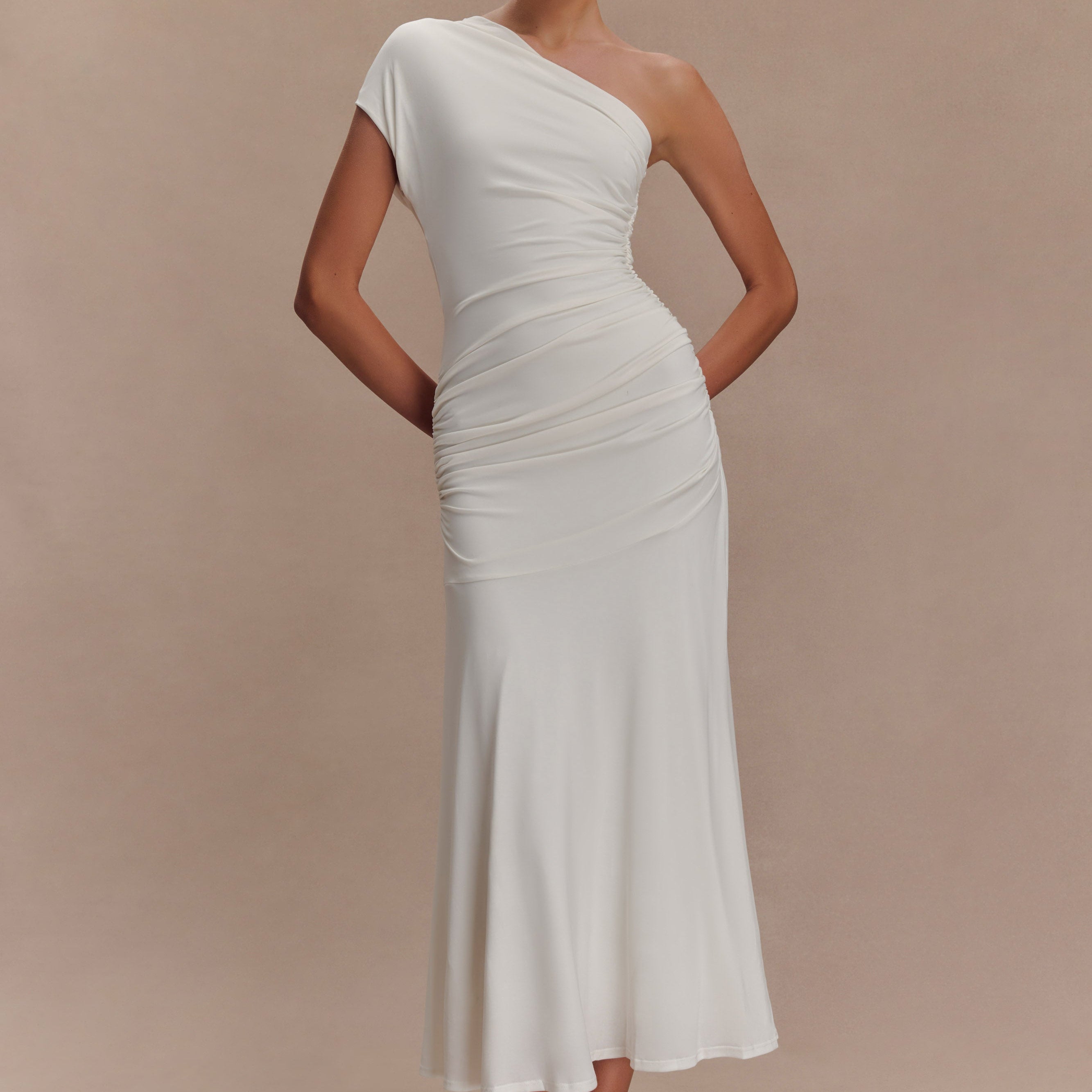 Chloe Şeftali Jersey Tek Omuz Midi Elbise - Fildişi