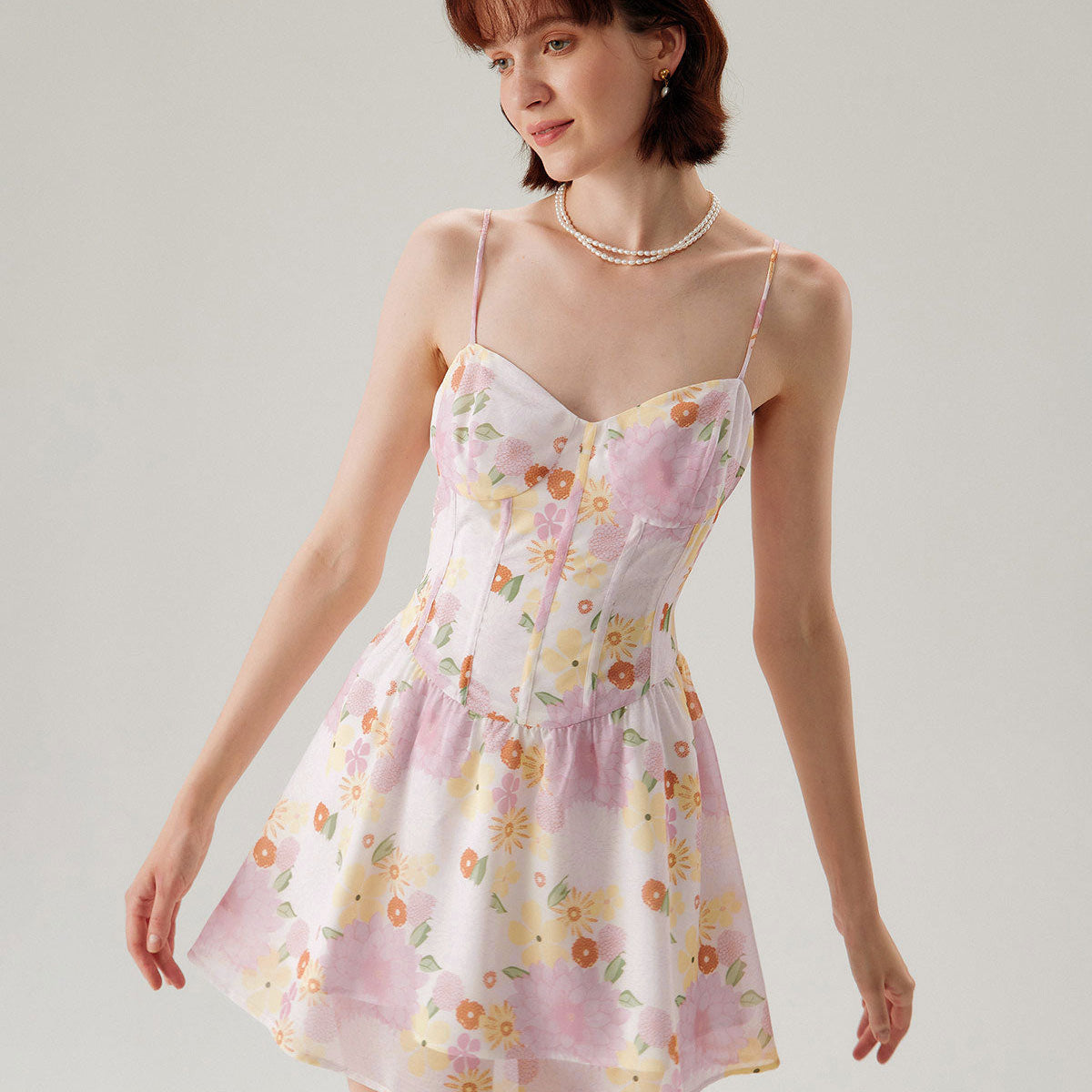 Shewess™ Pembe Çiçekli Straplez Mini Elbise