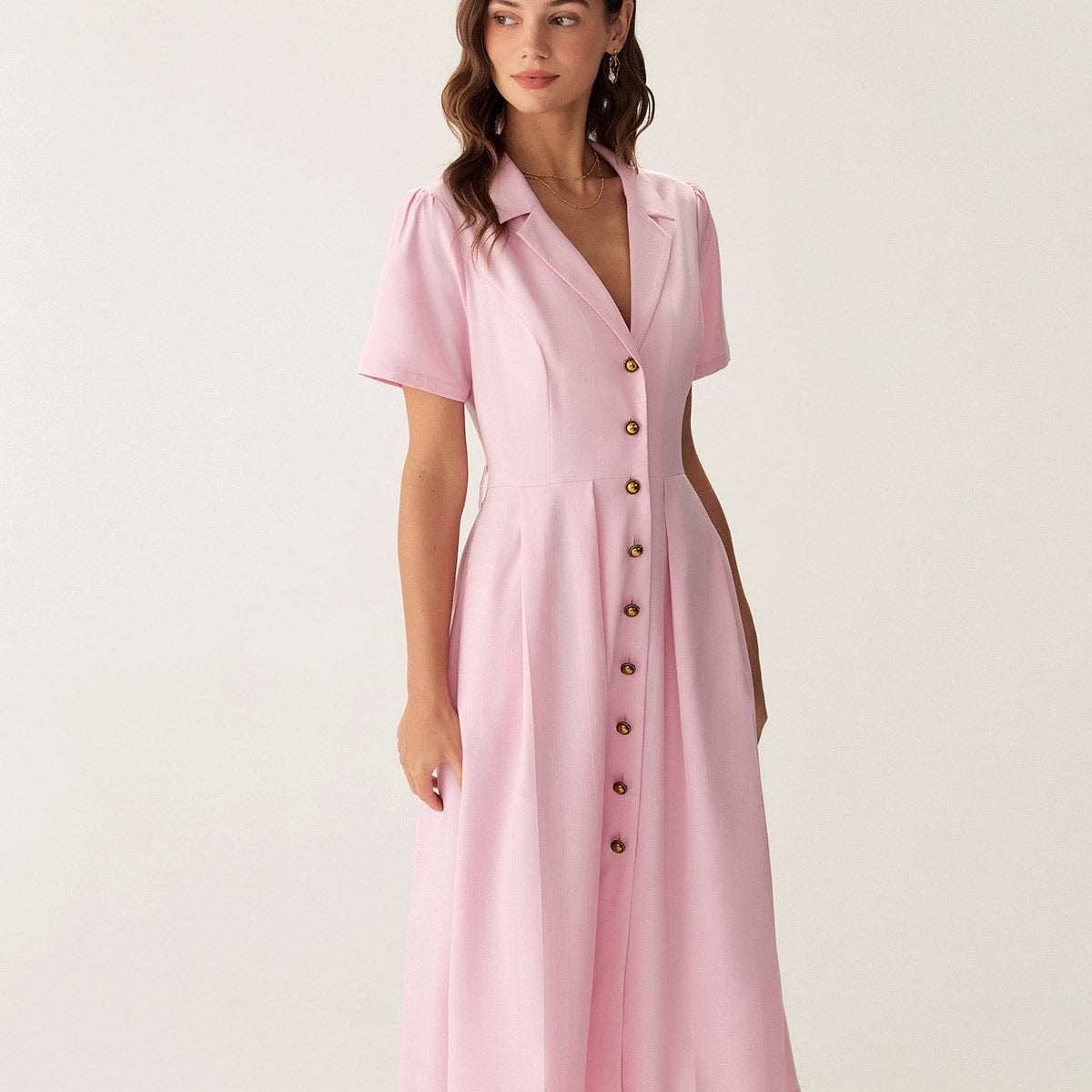 Shewess™ Pembe V Yaka Pileli Düğmeli Midi Elbise