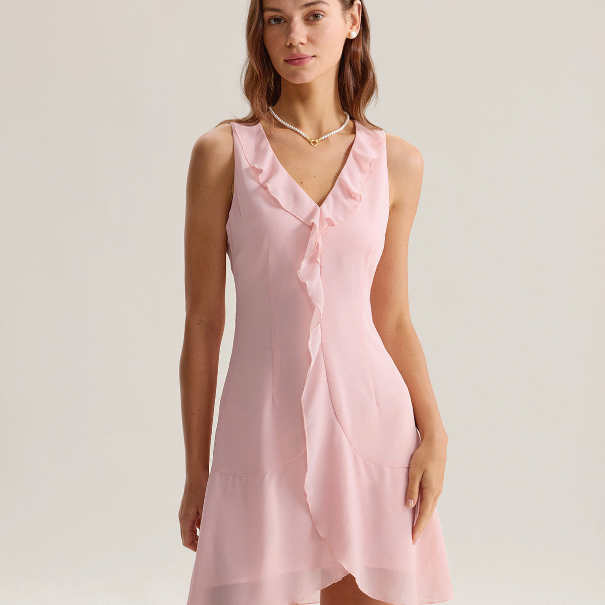 Shewess Pembe Fırfırlı Kolsuz Mini Elbise