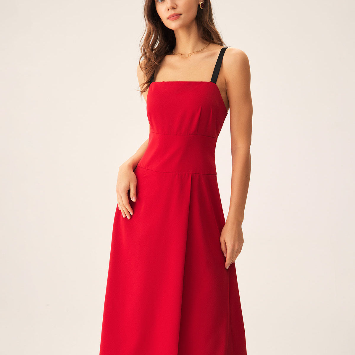 Shewess™ Kırmızı Kontrast Yırtmaçlı Slip Midi Elbise