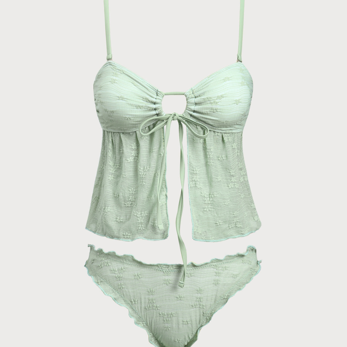 Shewess™ Yeşil Örme Kesikli Önden Bağlamalı Tankini Mayo
