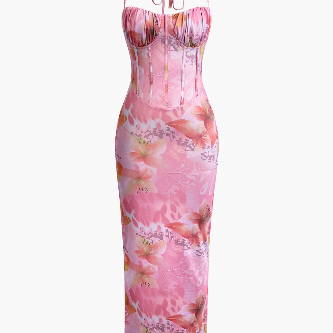 Çiçek Desenli Halter Yaka Yırtmaçlı Korse Midi Elbise