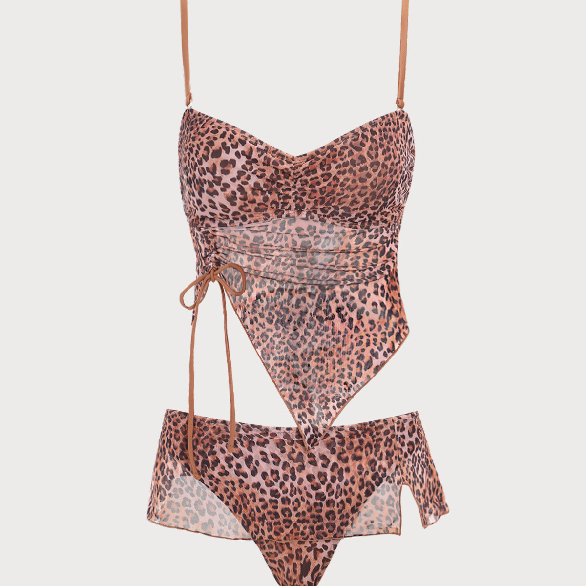 Shewess™ Kahverengi Büzgülü Leopar Desenli Tankini Mayo