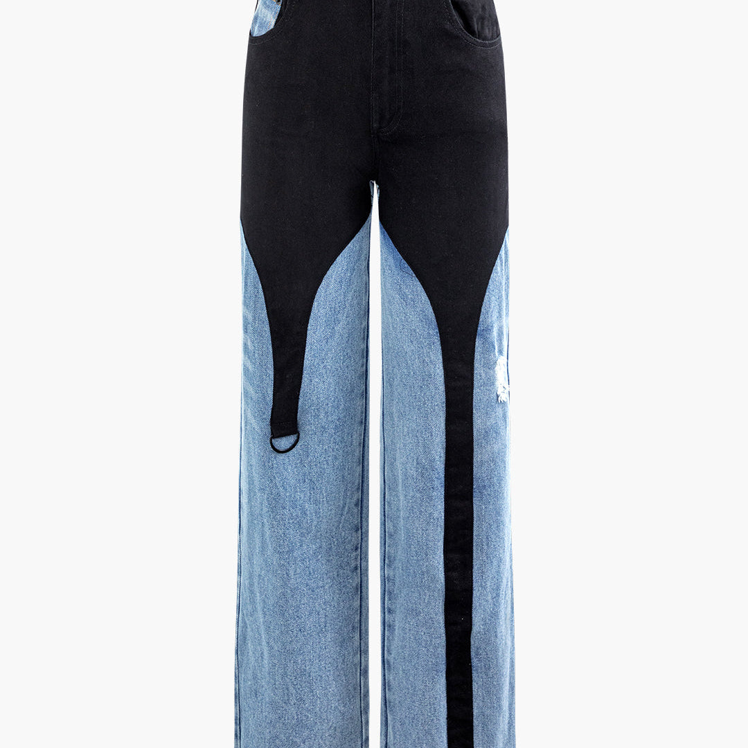 Denim Patchwork Düz Paça Kot