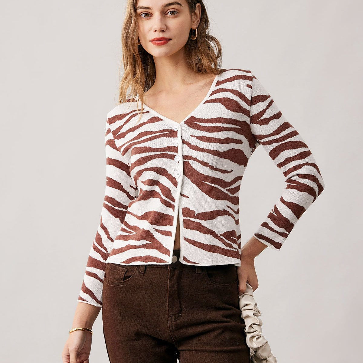 Shewess™ Kahve V Yaka Zebra Örgü Hırka