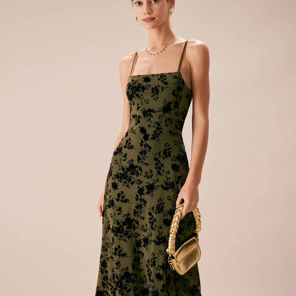 Shewess Yeşil Çiçekli Burnout A-Line Slip Midi Elbise