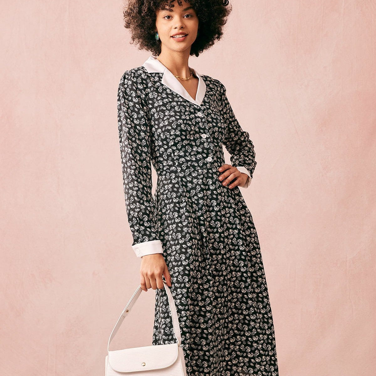 Shewess™ Yakalı Patchwork Uzun Kollu Midi Elbise