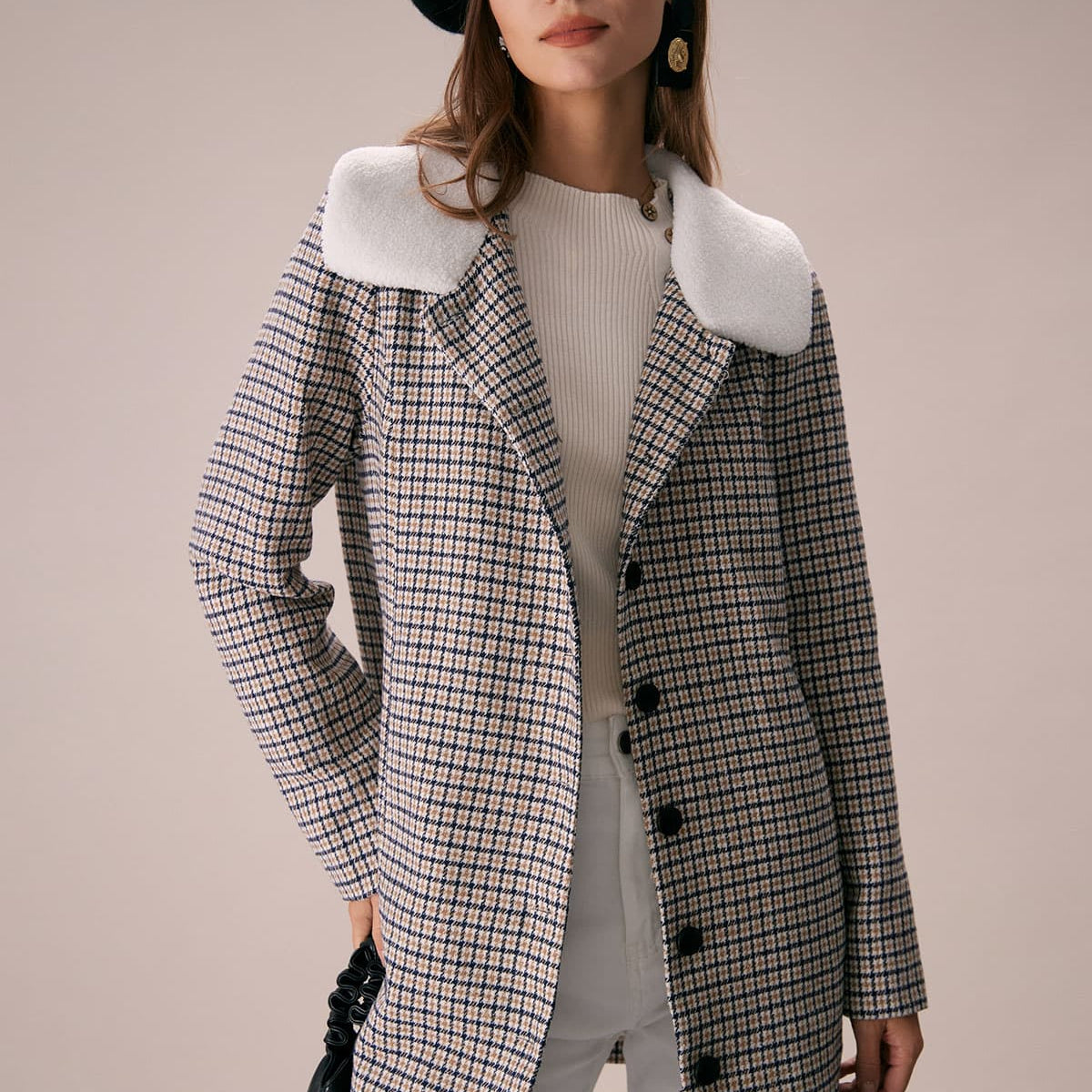 Shewess™ Haki Yaka Tek Sıra Düğmeli Ekose Blazer