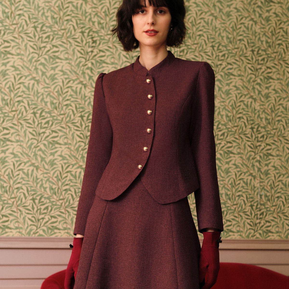 Shewess™ Bordo Retro Tek Sıra Düğmeli Tüvit Ceket