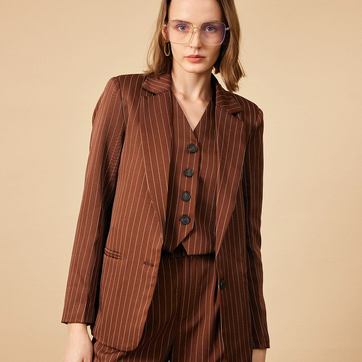 Shewess™ Kahverengi Çizgili Tek Düğme Yakalı Blazer