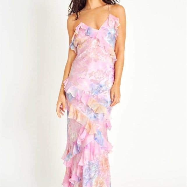 Virginia Çiçekli Fırfırlı Maxi Slip Elbise