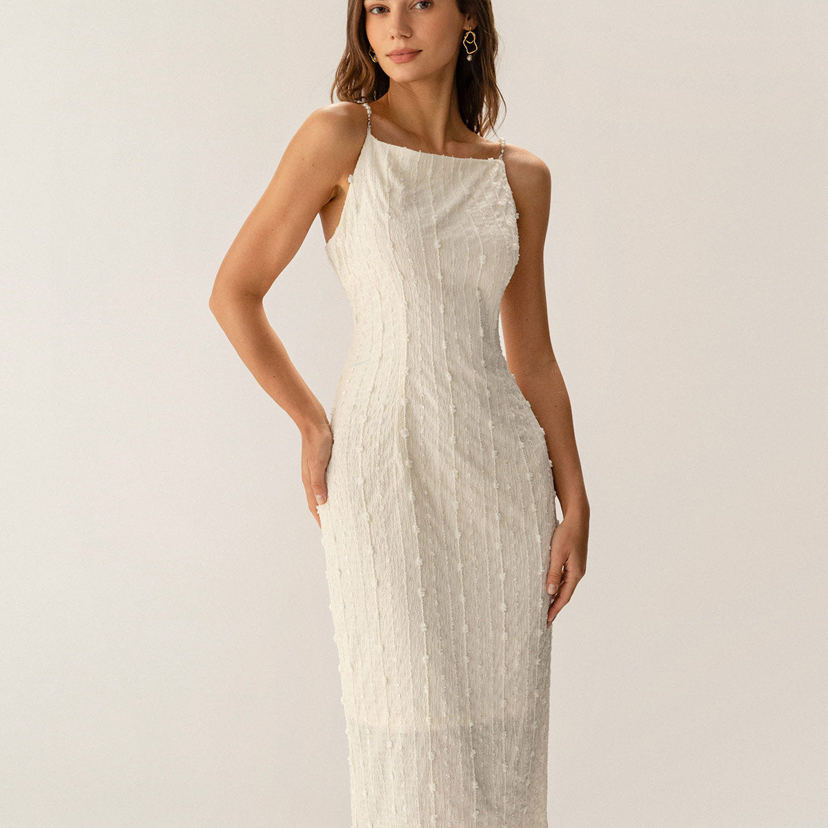Shewess Bej Dokulu Boncuklu Slip Midi Elbise