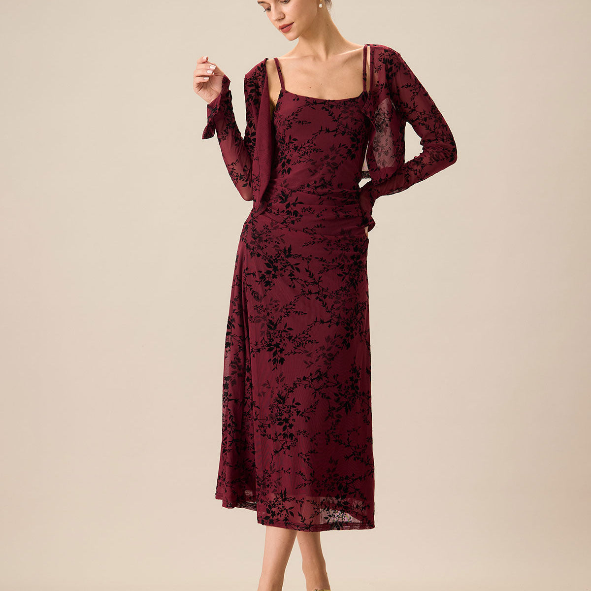 Shewess Kırmızı Çiçekli Bodycon Slip Midi Elbise