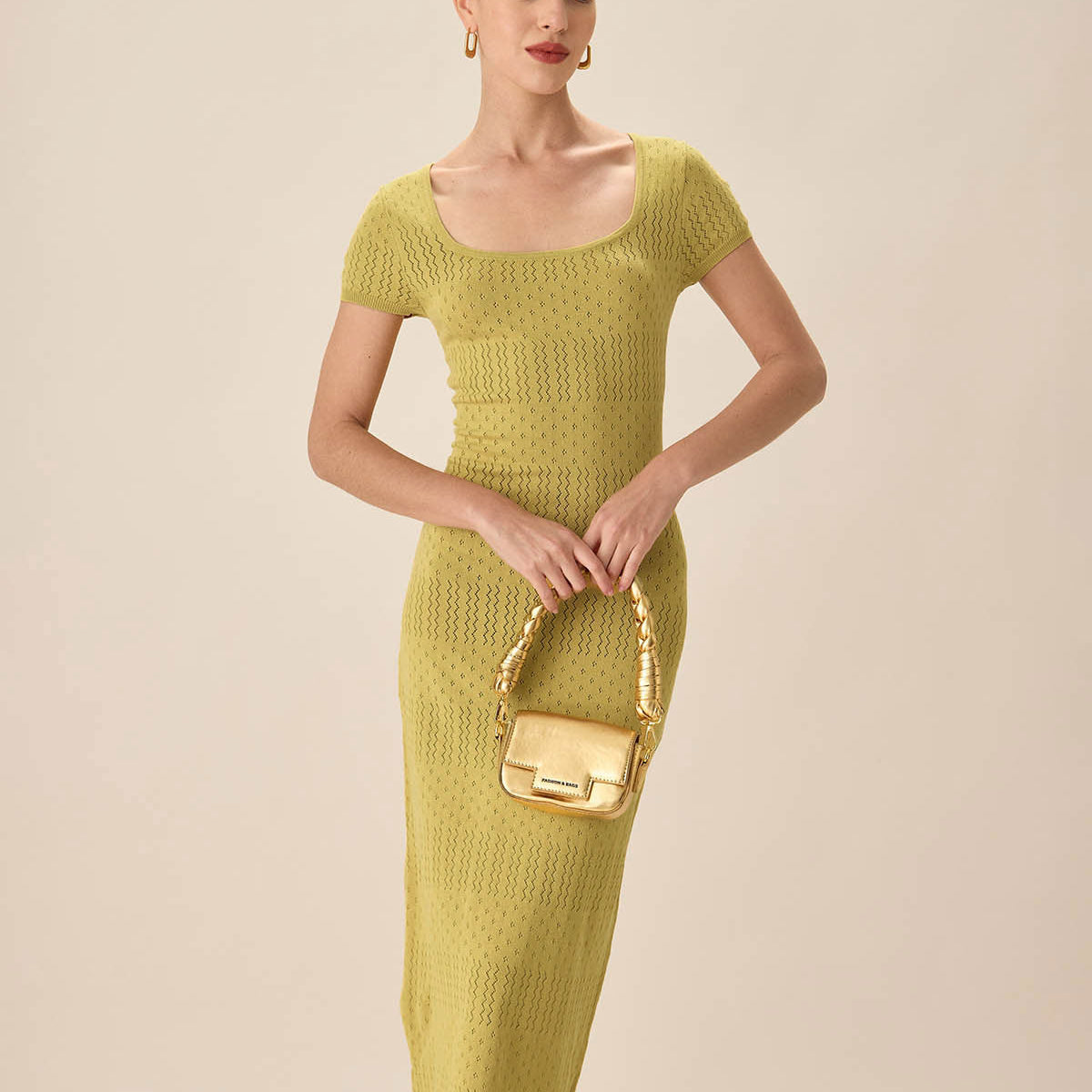Shewess™ Yeşil Kare Yaka Bodycon Midi Elbise