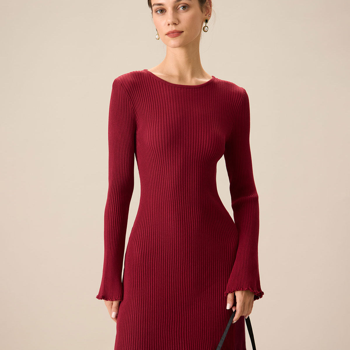 Shewess™ Kadın Kırmızı Zil Kol Bodycon Kazak Elbise