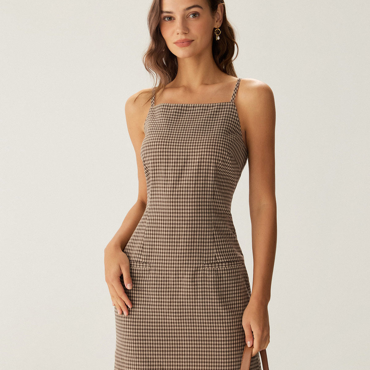Shewess™ Kahverengi Ekose Slip Mini Elbise