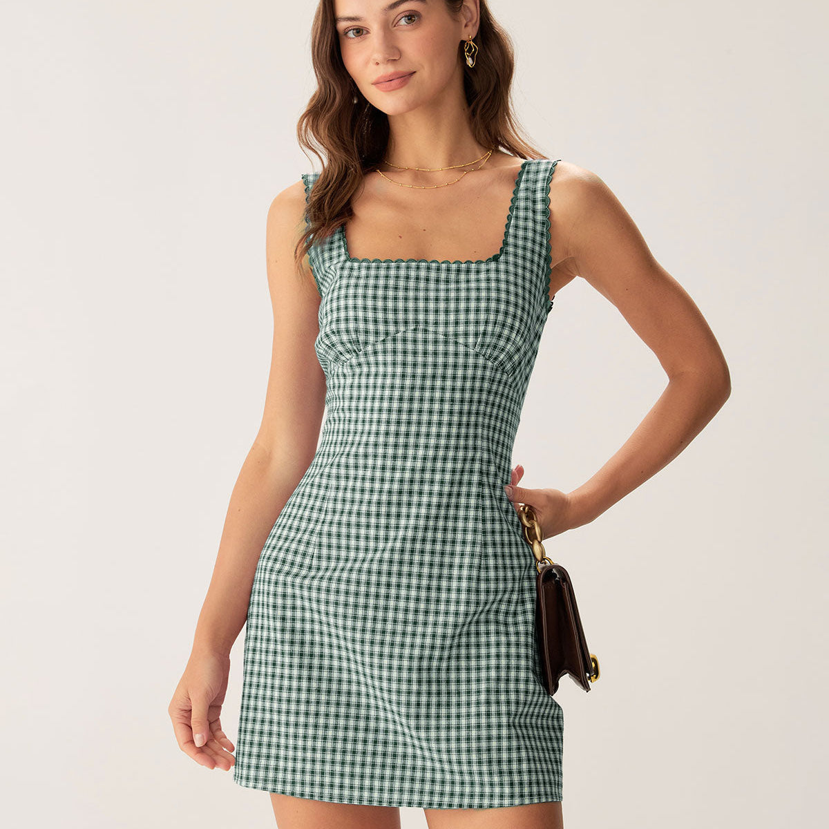 Shewess Yeşil Ekose Kare Yaka Slip Mini Elbise