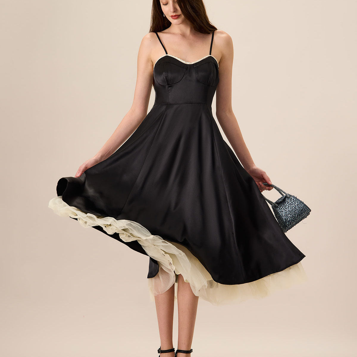 Shewess™ Kadın Siyah Ekleme Saten Slip Midi Elbise