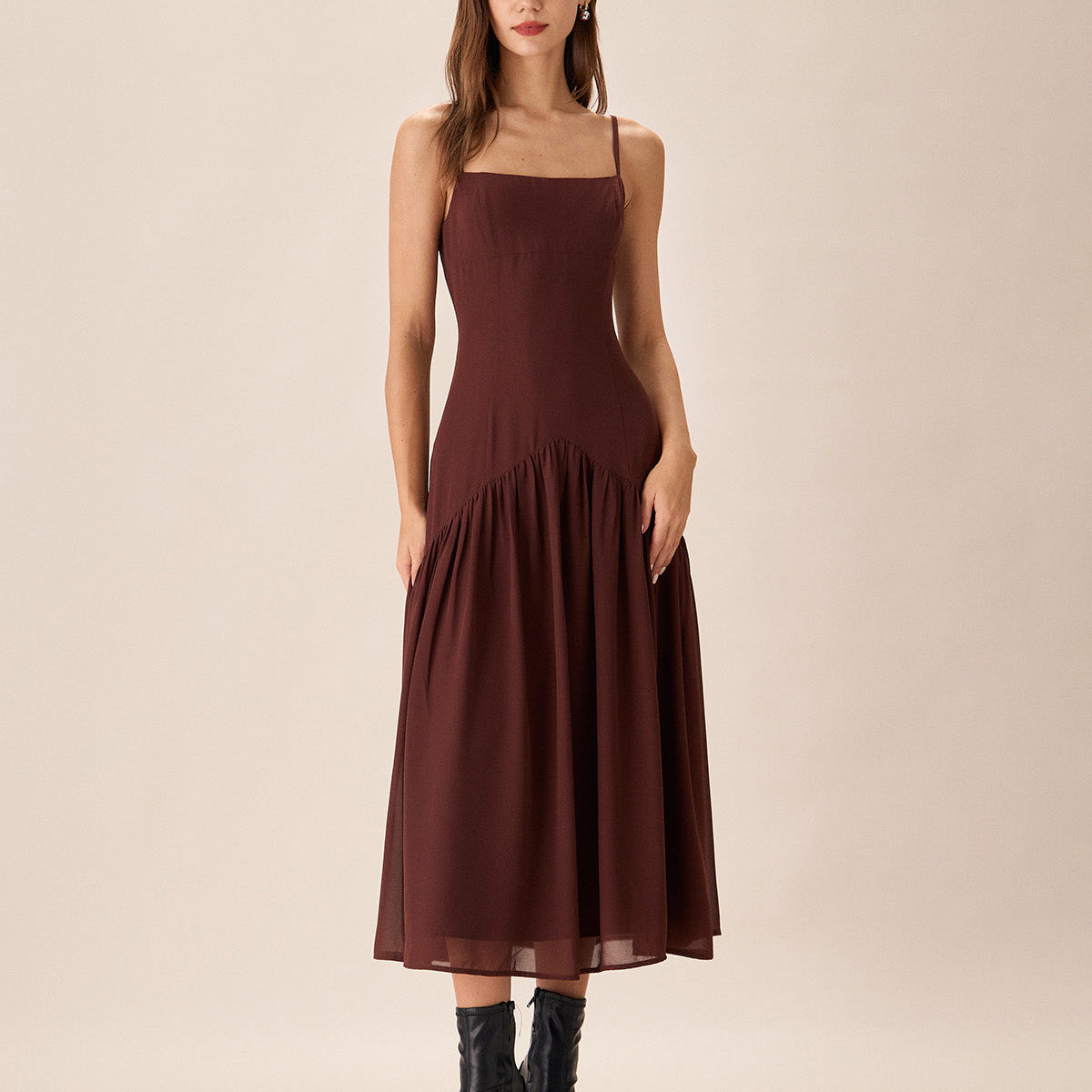 Shewess Kahverengi Şifon Dantelli Slip Midi Elbise