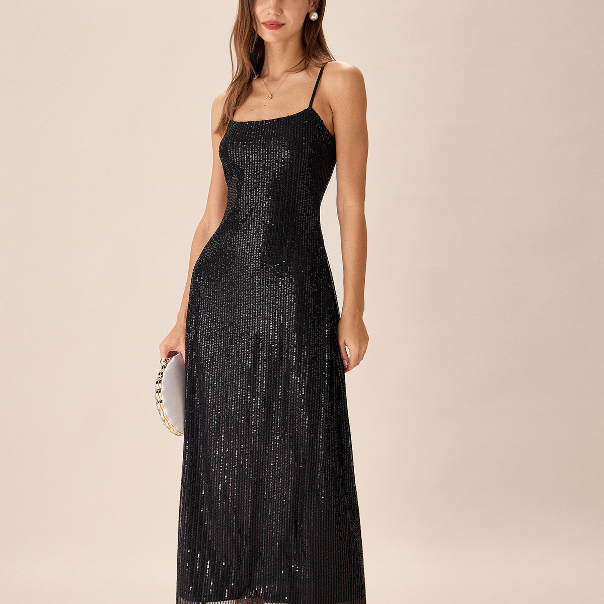 Shewess Siyah Payet Bodycon Yırtmaçlı Maxi Elbise