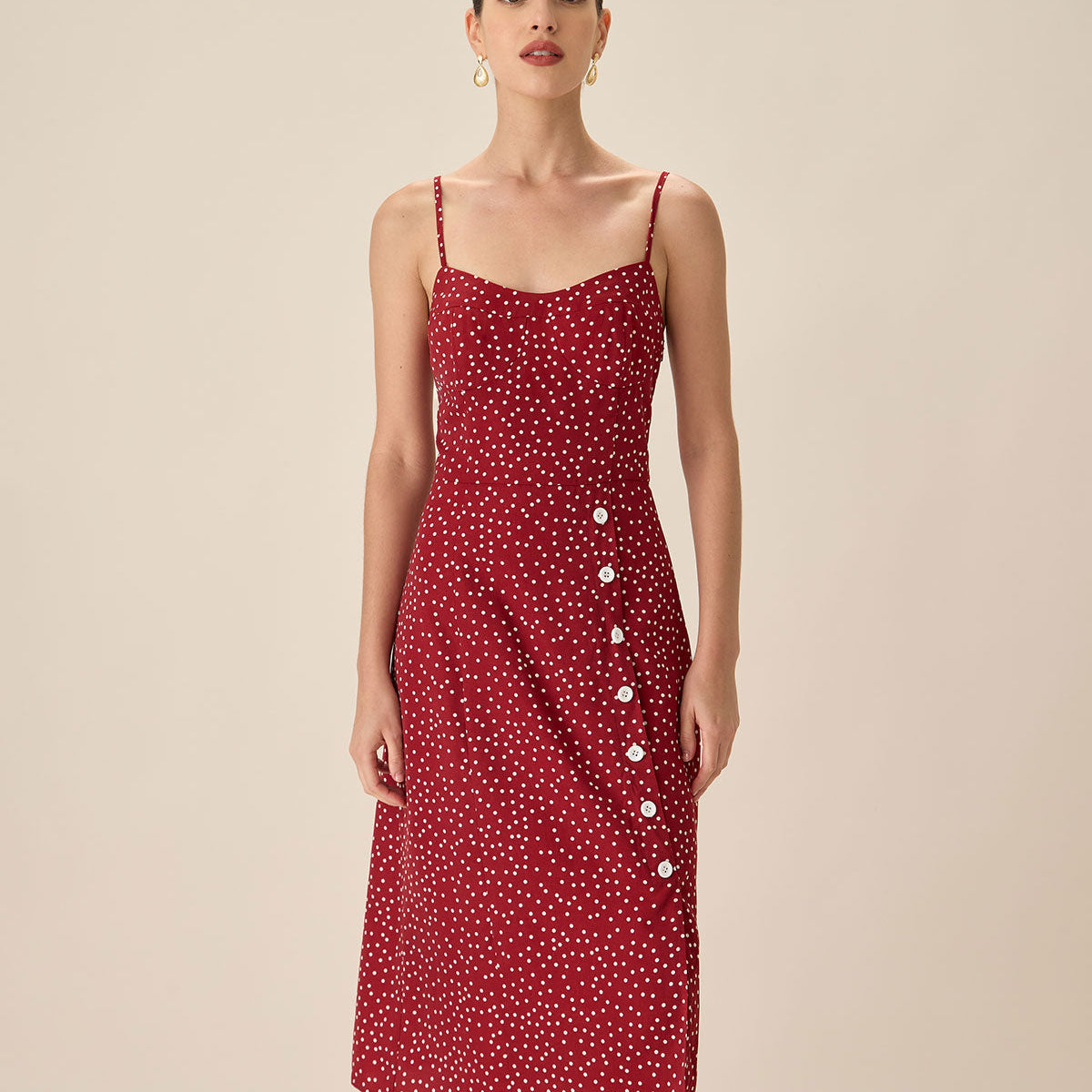Shewess™ Kırmızı Puantiyeli Slip Midi Elbise