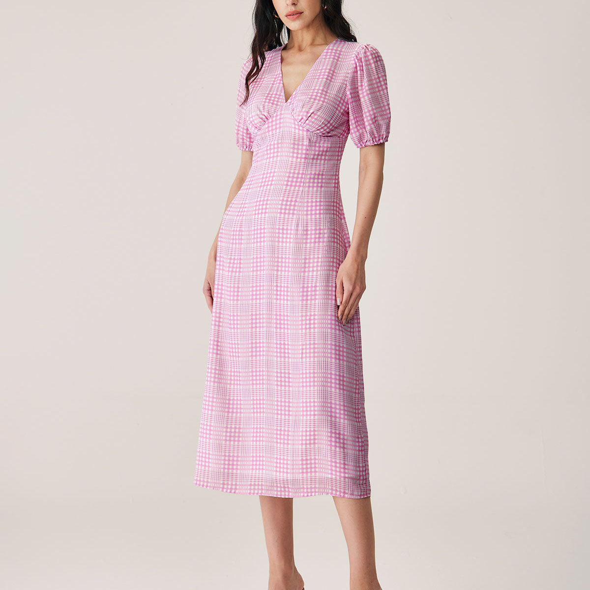 Shewess™ Pembe Ekose V Yaka Midi Elbise