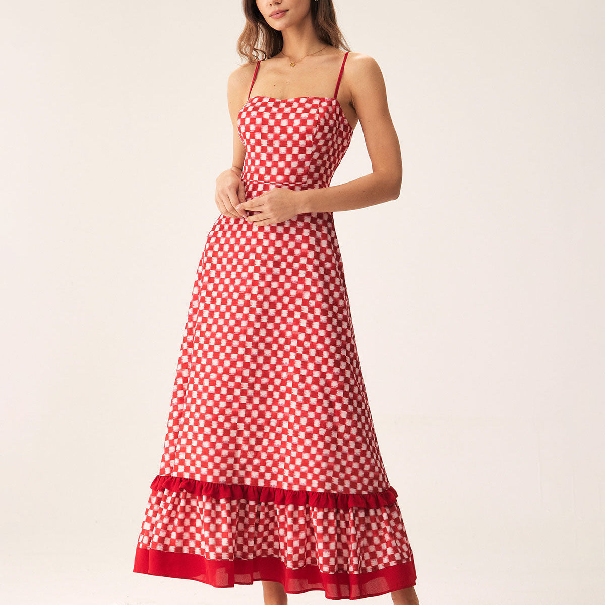 Shewess™ Kırmızı Geometrik Fırfırlı Slip Maxi Elbise