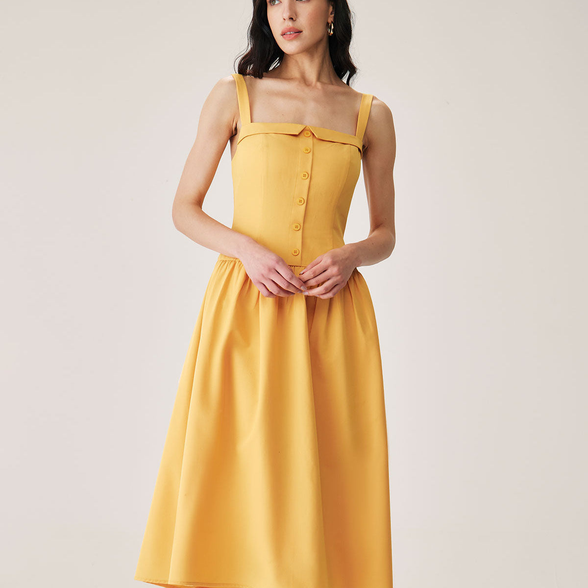 Shewess™ Sarı Düğmeli Pileli Slip Midi Elbise