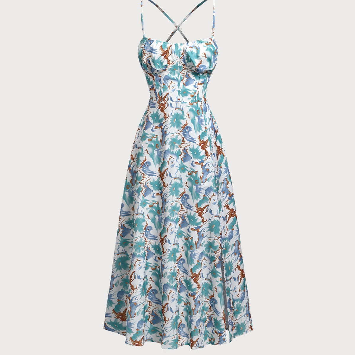 Shewess™ Yeşil Çiçekli Sırtı Açık Slip Yırtmaçlı Maxi Elbise