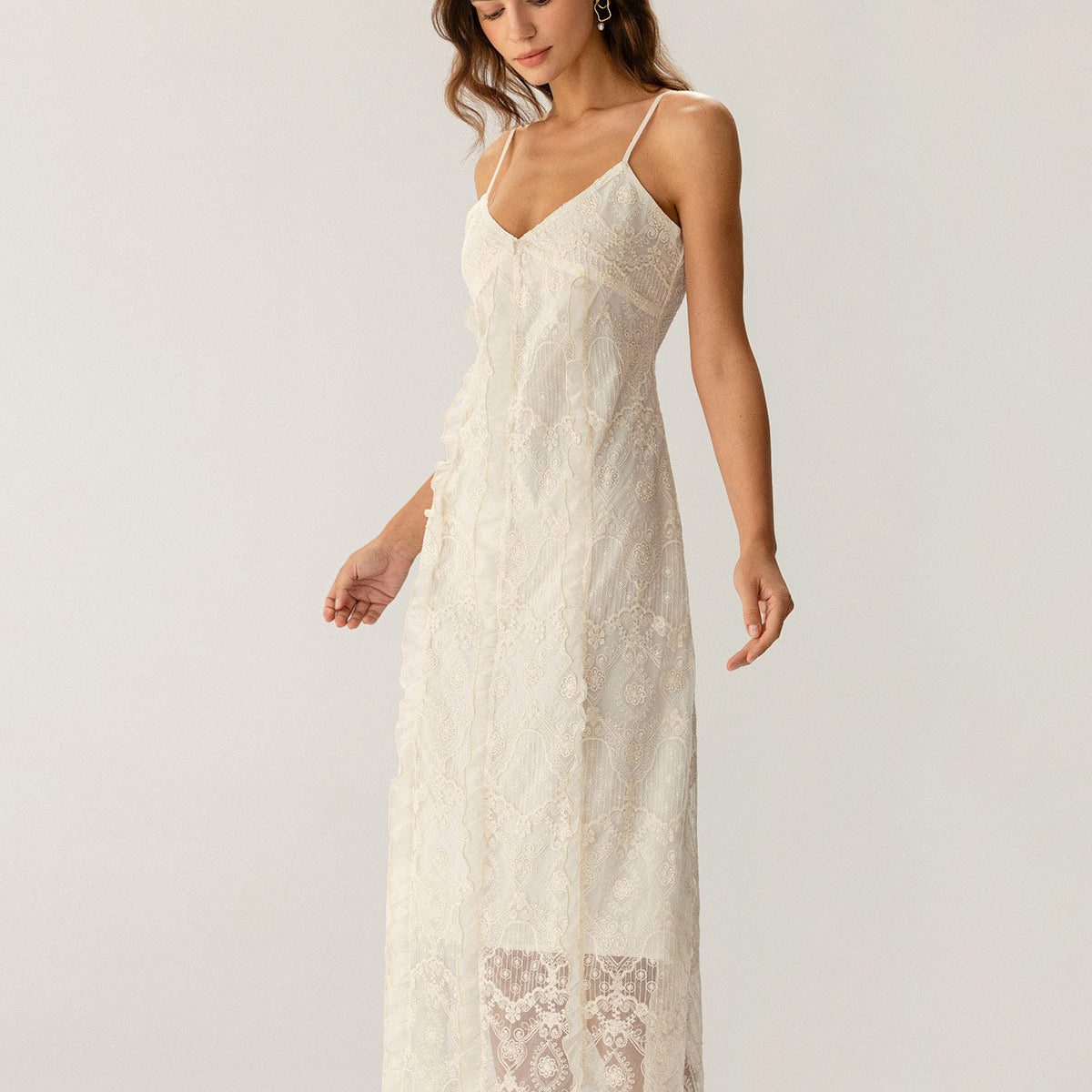 Shewess™ Kayısı Dokulu Dantel Slip Maxi Elbise