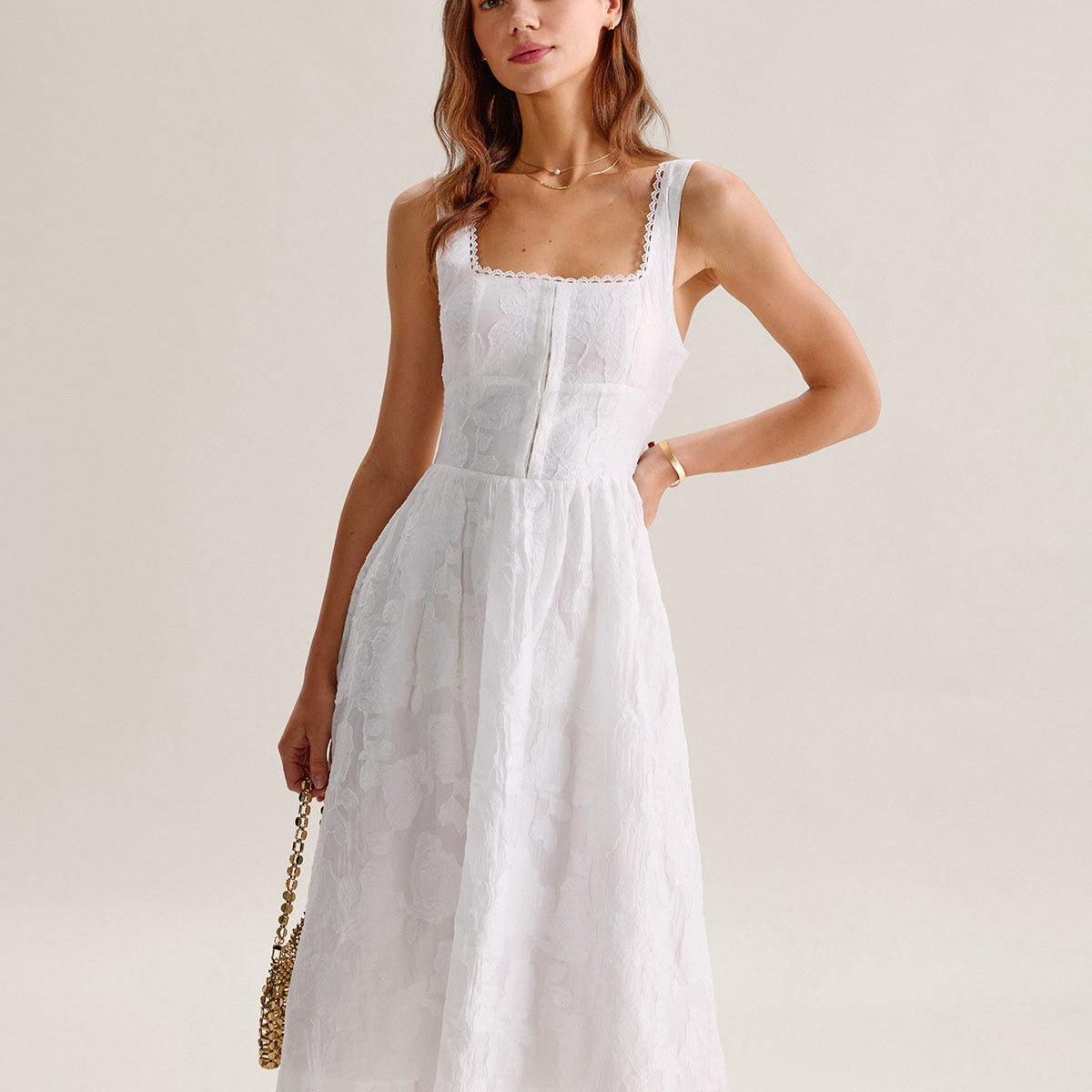 Shewess Beyaz Jakarlı Büzgülü Slip Midi Elbise