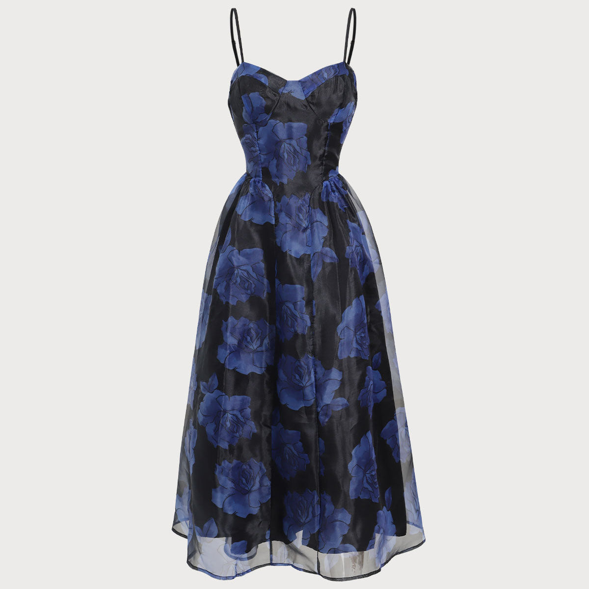 Shewess™ Lacivert Çiçek Kalp Yaka Slip Midi Elbise