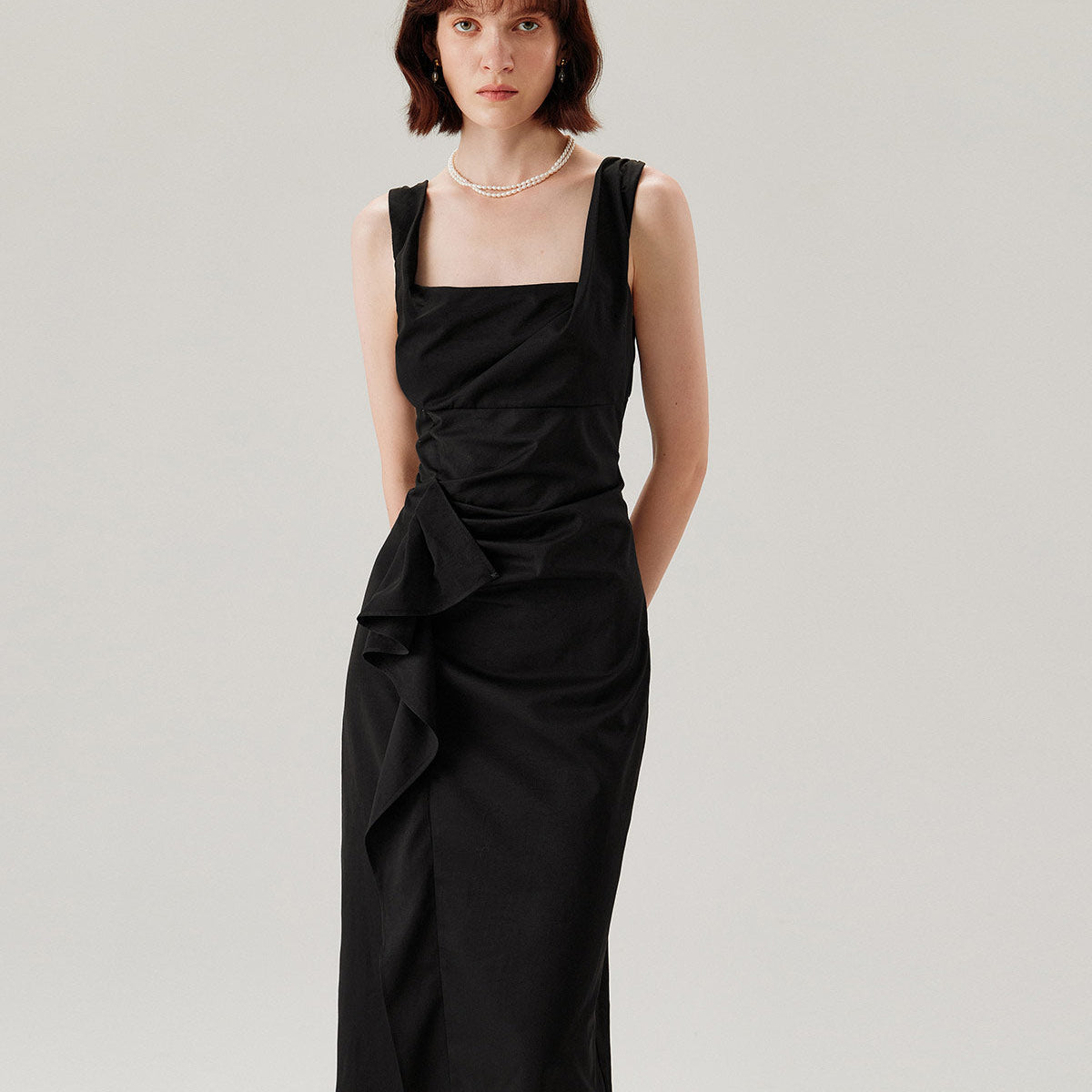 Shewess™ Siyah Fırfırlı Dantelli Slip Midi Elbise