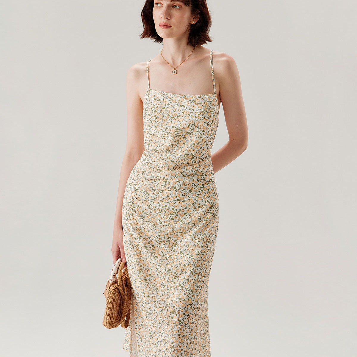 Shewess™ Sarı Çiçekli Dantelli Slip Midi Elbise