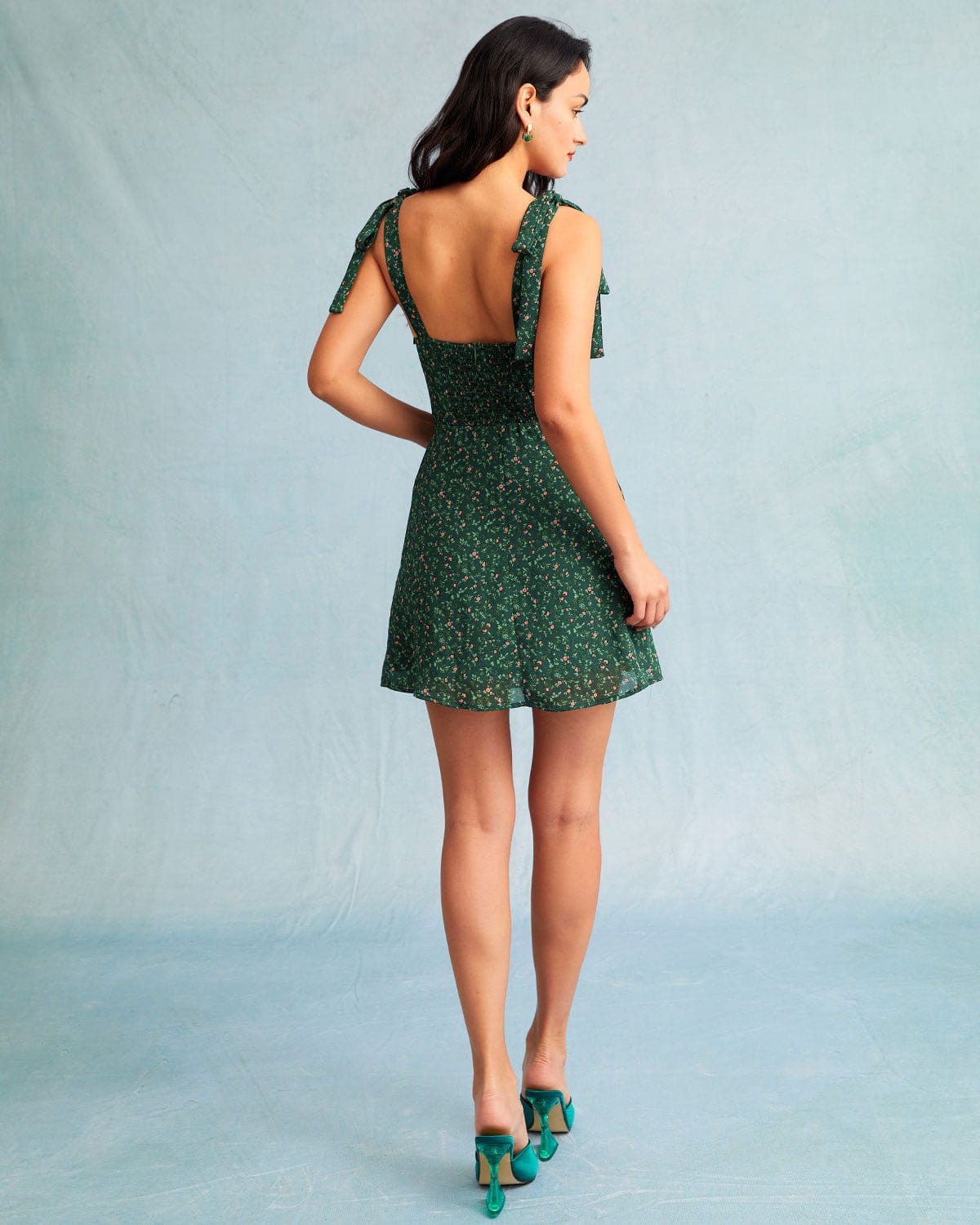 Shewess Yeşil Kalp Yaka Çiçek Slip Mini Elbise