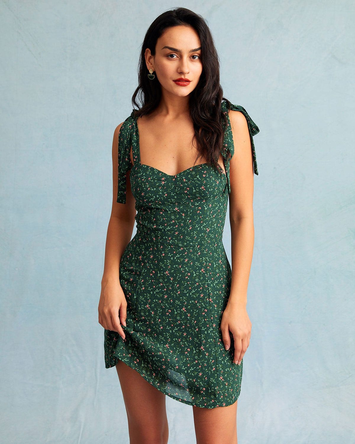 Shewess Yeşil Kalp Yaka Çiçek Slip Mini Elbise
